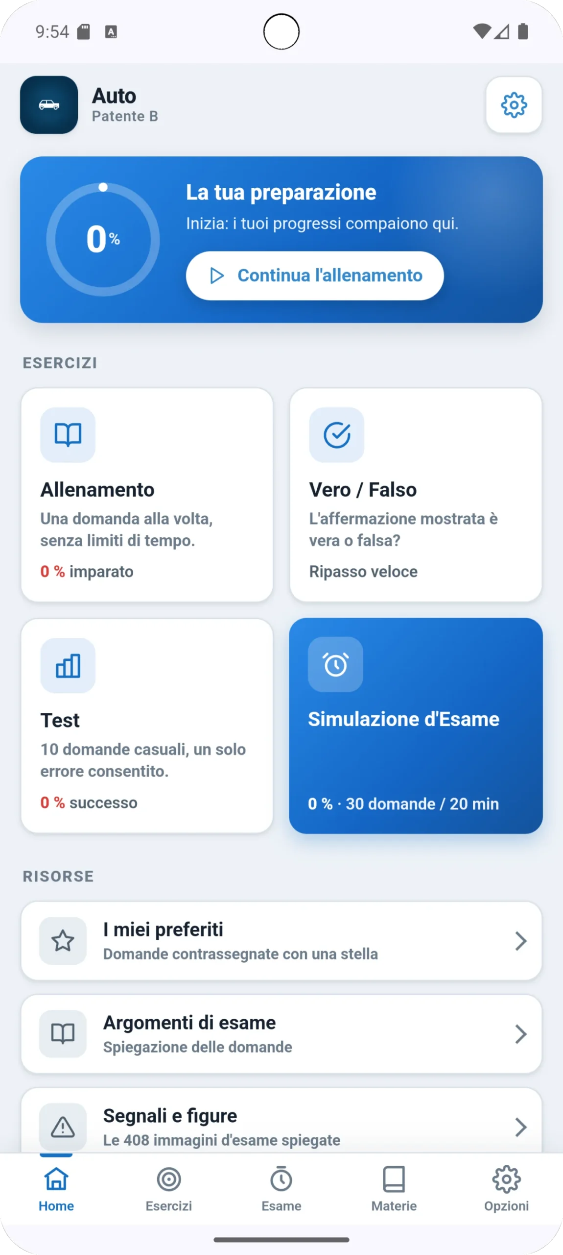 Schermata home app Quiz Patente con allenamento e simulazione esame